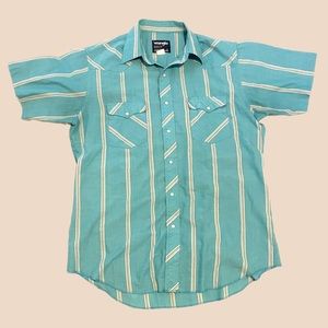Wrangler Short Sleeve Blue Striped Pearl Snap Button Down Shirt